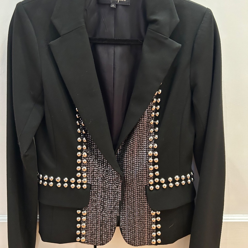 Nanette Lepore Black Silver Studded Sequin Blazer Jacket Size 2